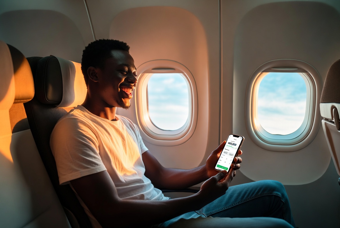 Traveller checking earnings on phone during flight