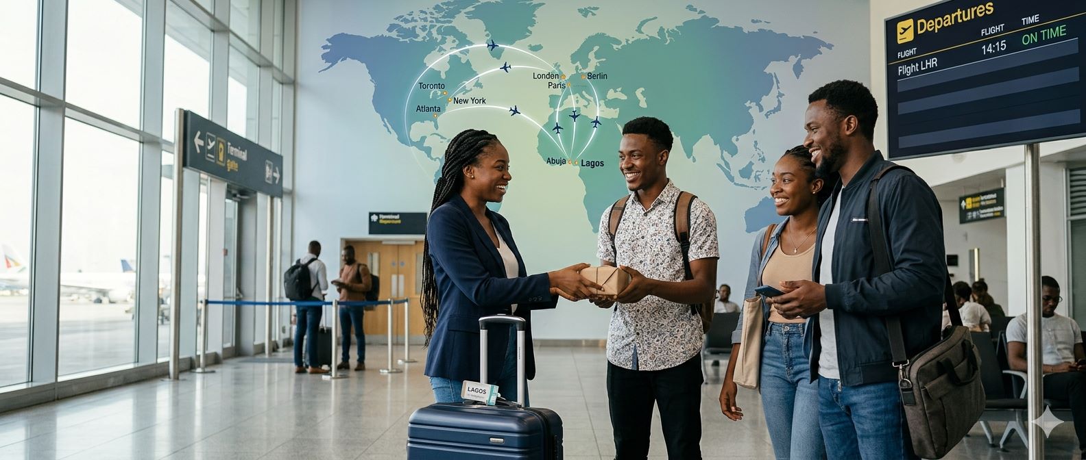 Community delivery - traveller handing over a package at the airport